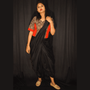 black grey combination ajrak with red khadi croptop blouse (1)